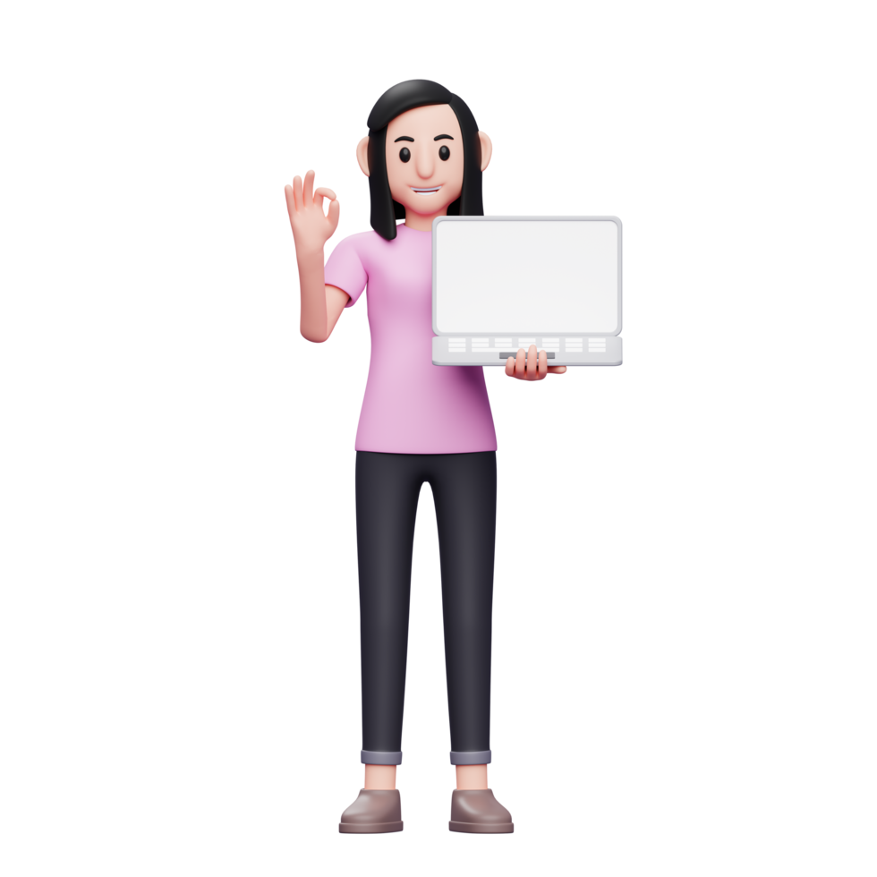 menina segurando laptop enquanto dá sinal de ok com mão 3d render ilustração de personagem png