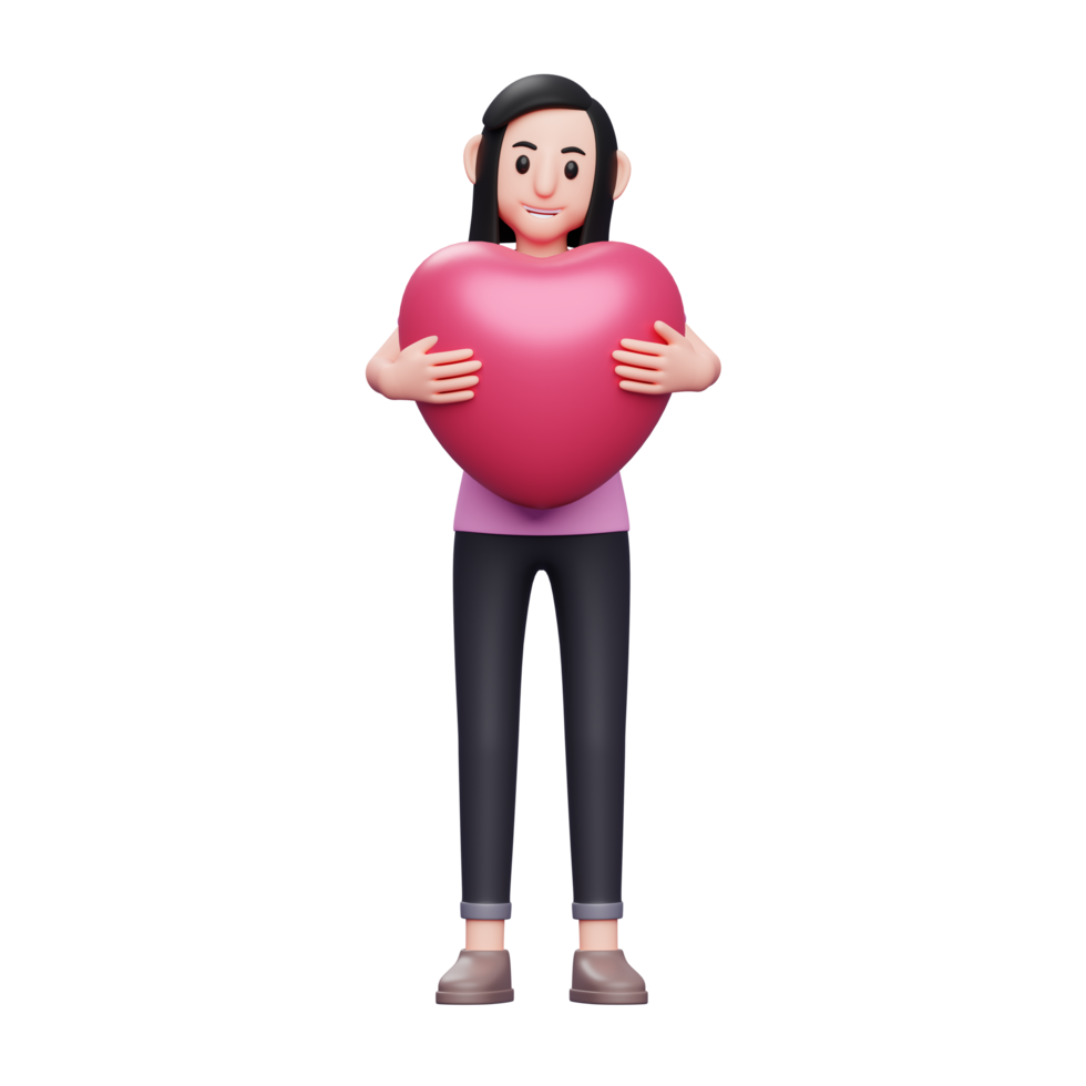 girl hugging pink heart 3d character illustration, girl celebrating valentine's day 3d illustration png