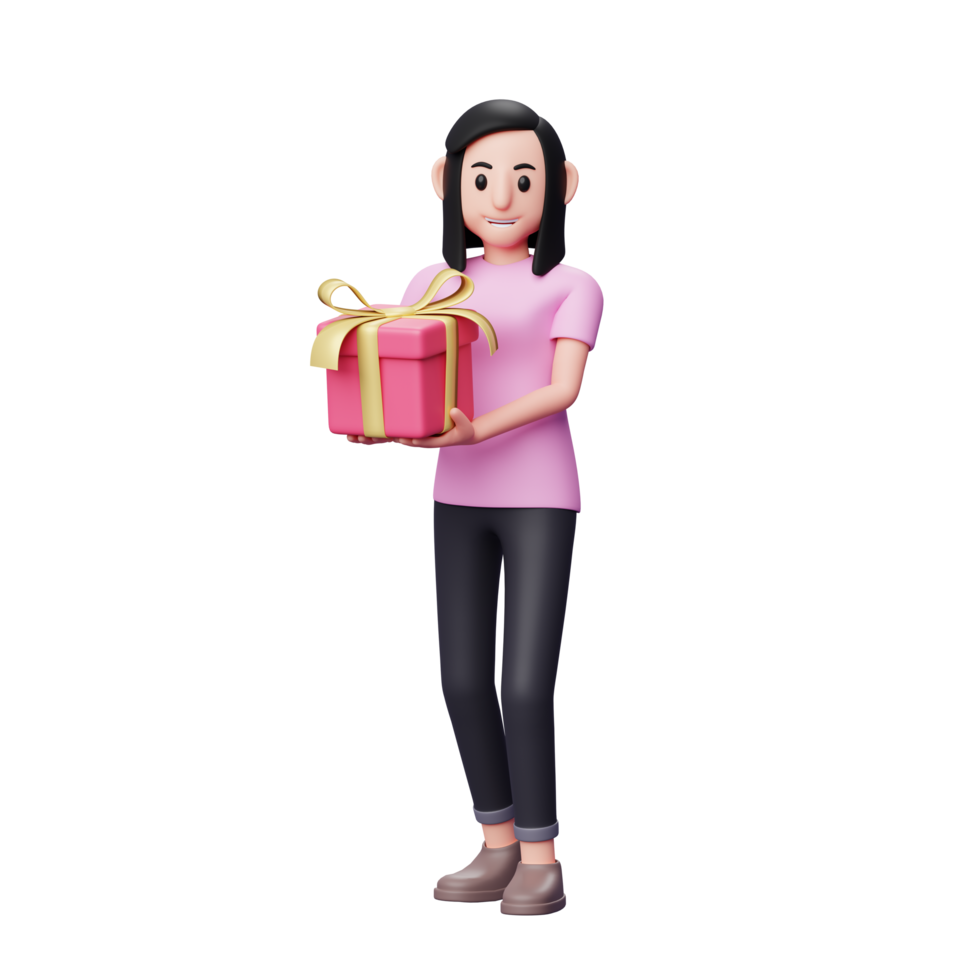 fille portant un cadeau rose en marchant pour célébrer la saint-valentin, concept de la saint-valentin illustration de personnage 3d png