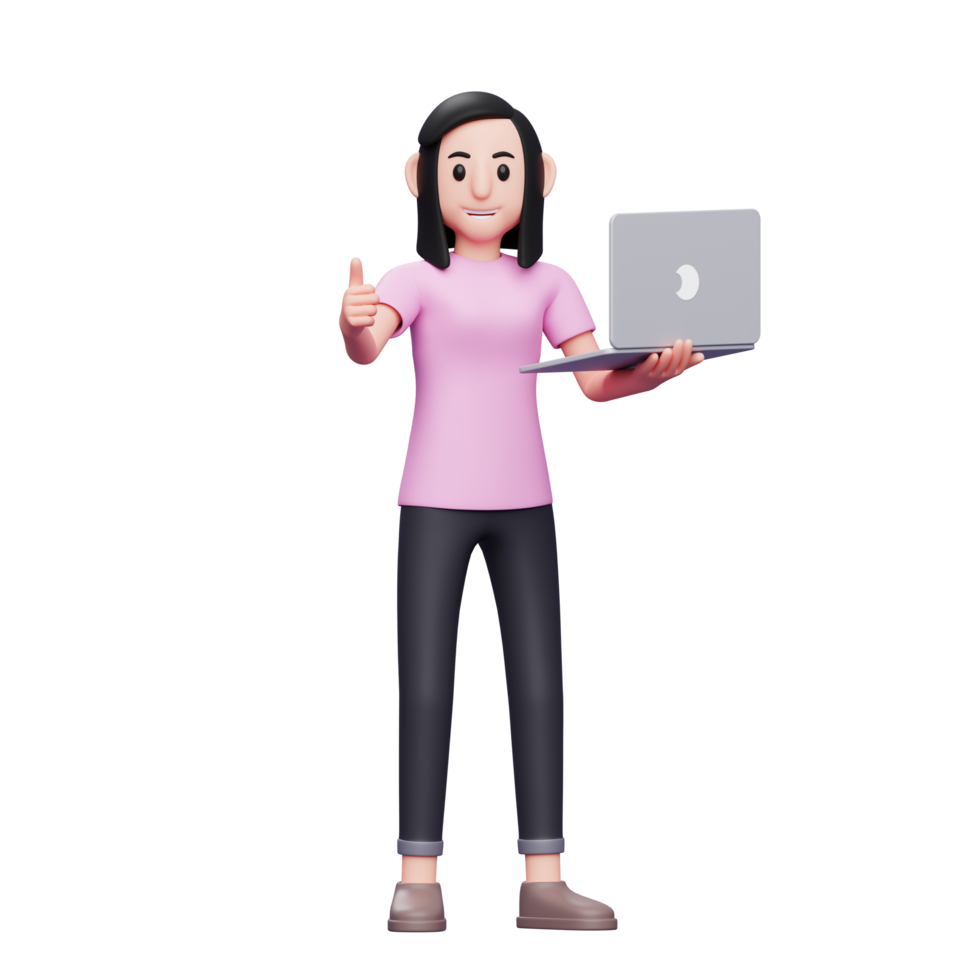 Girl standing holding laptop and giving thumbs up 3d render character illustration png