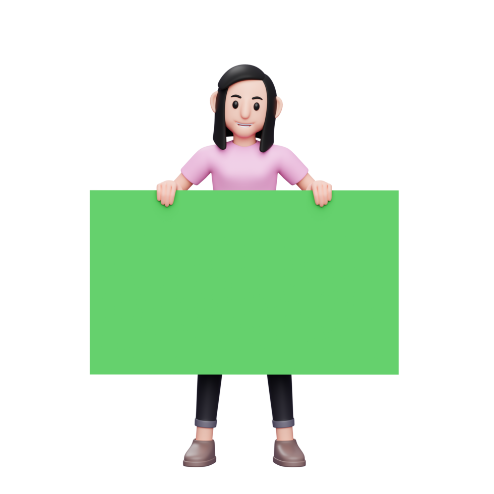 Girl standing and holding a big green banner, 3d Character illustration Casual woman png