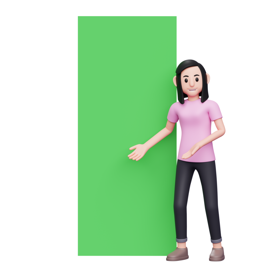 menina mostra algo no banner roll up x tela verde em pé, ilustração de personagem 3d mulher casual png