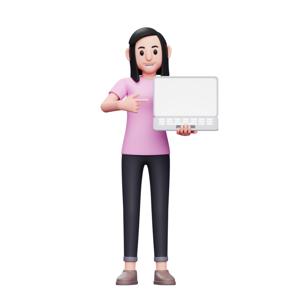 girl holding laptop and pointing at laptop screen 3d render character illustration png