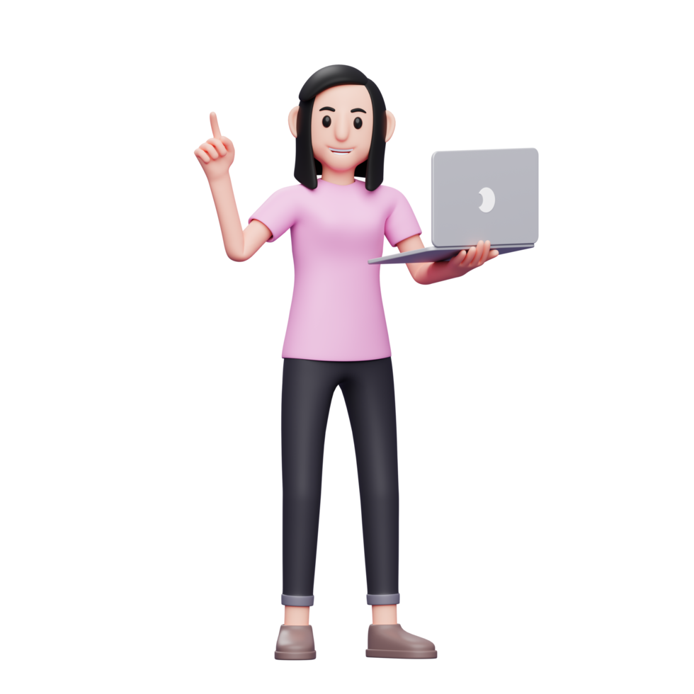 Girl holding laptop and raising finger up gets an idea 3d render character illustration png