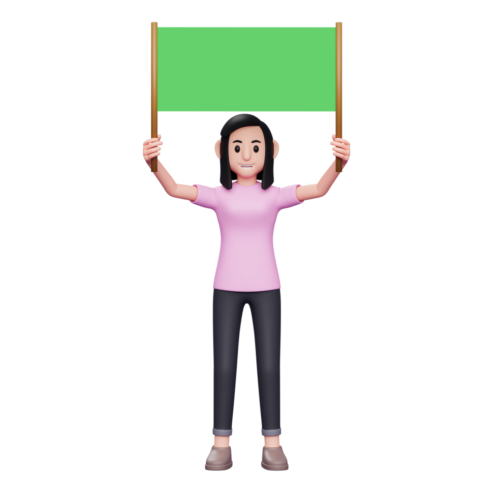 fille tenant une pancarte verte à deux mains, illustration de personnage 3d femme décontractée png
