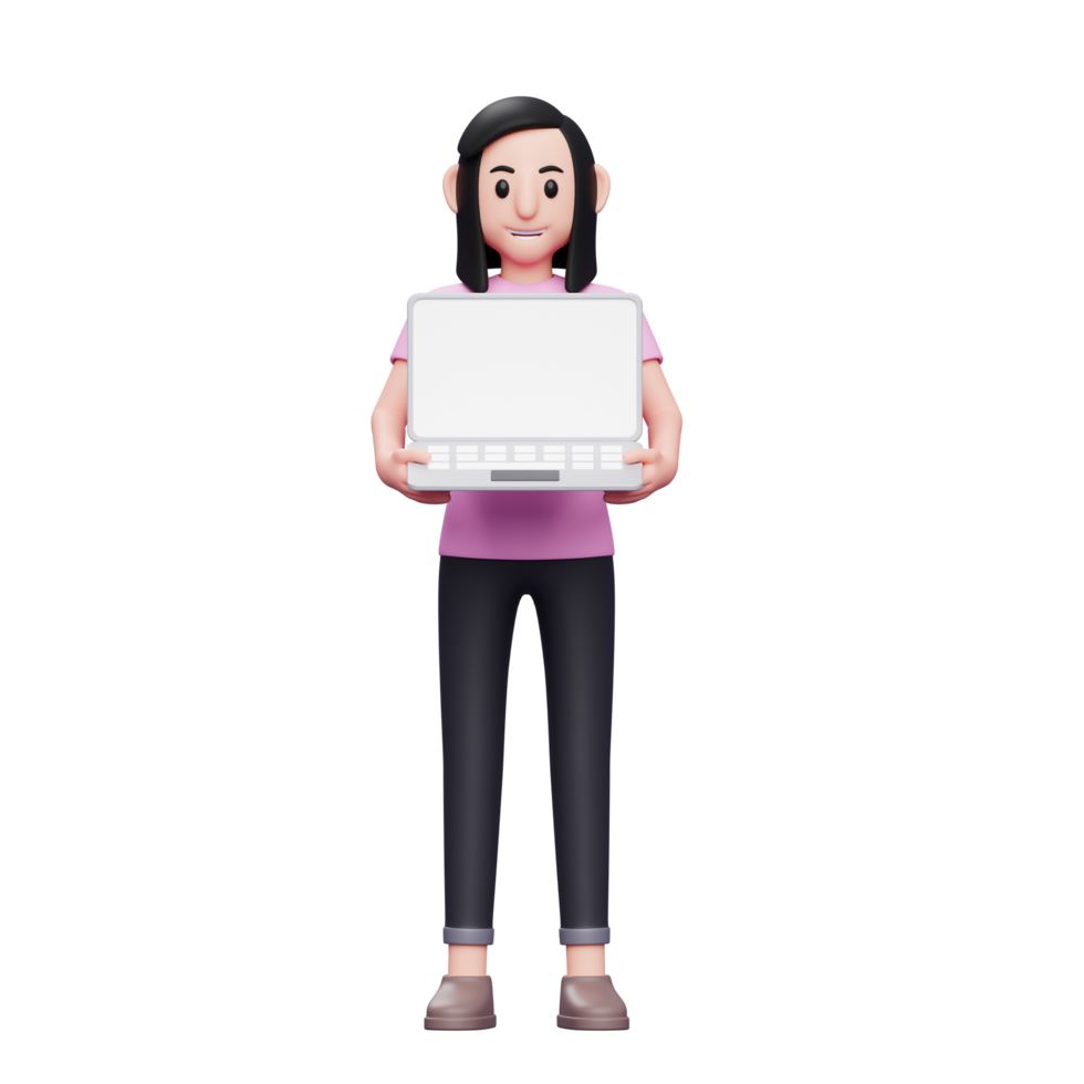 Girl holding laptop with both hands 3d render character illustration png