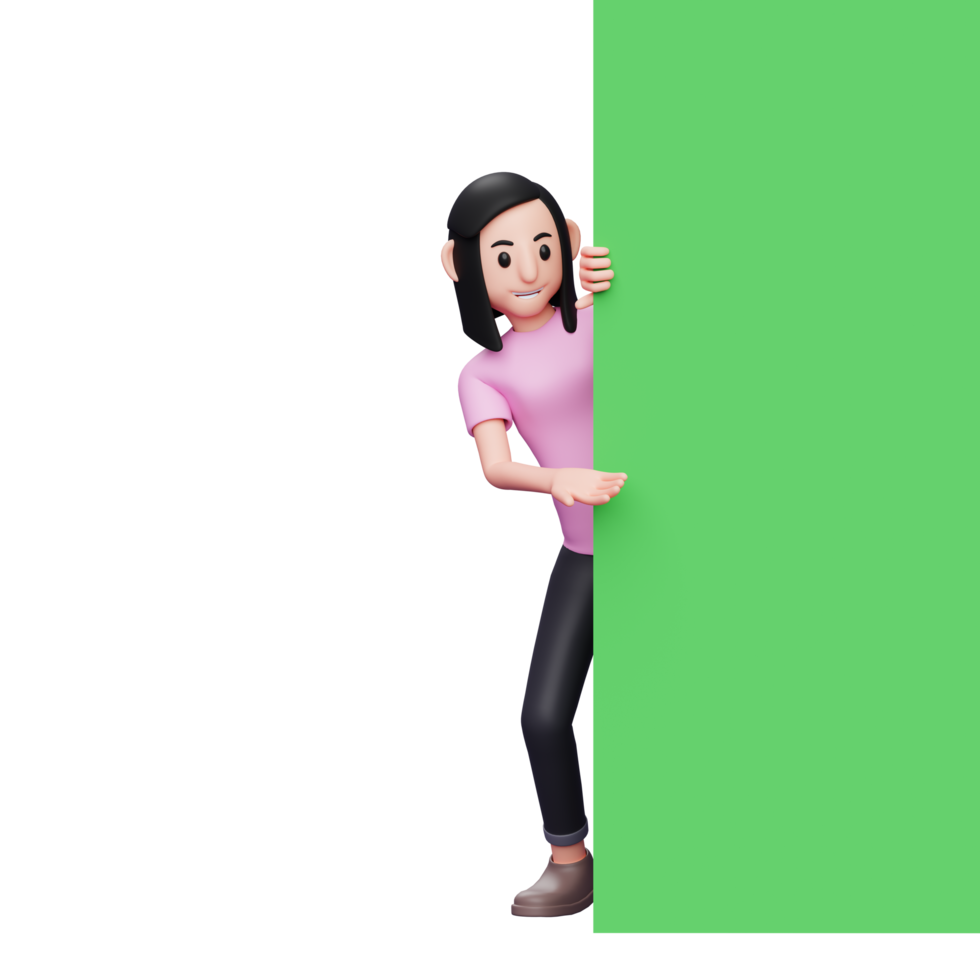 menina espiando, mostrando algo em um banner de tela verde enrolado, ilustração de personagem 3d mulher casual png