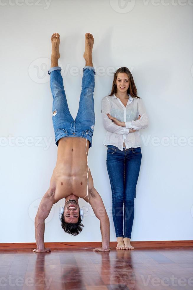 happy young romantic couple have fun arelax  relax at home photo