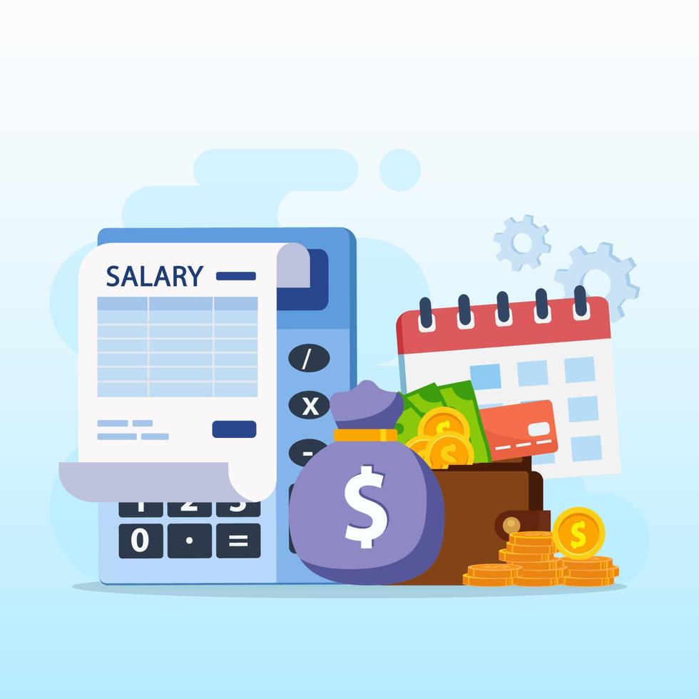 Salary vector concept. online income calculate and automatic payment, calendar pay date, employee wages concept.