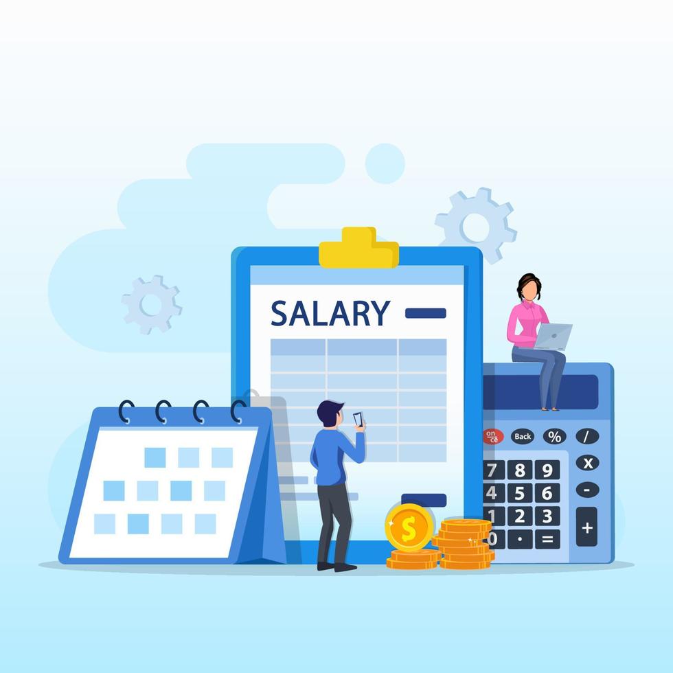 Salary vector concept. online income calculate and automatic payment, calendar pay date, employee wages concept.