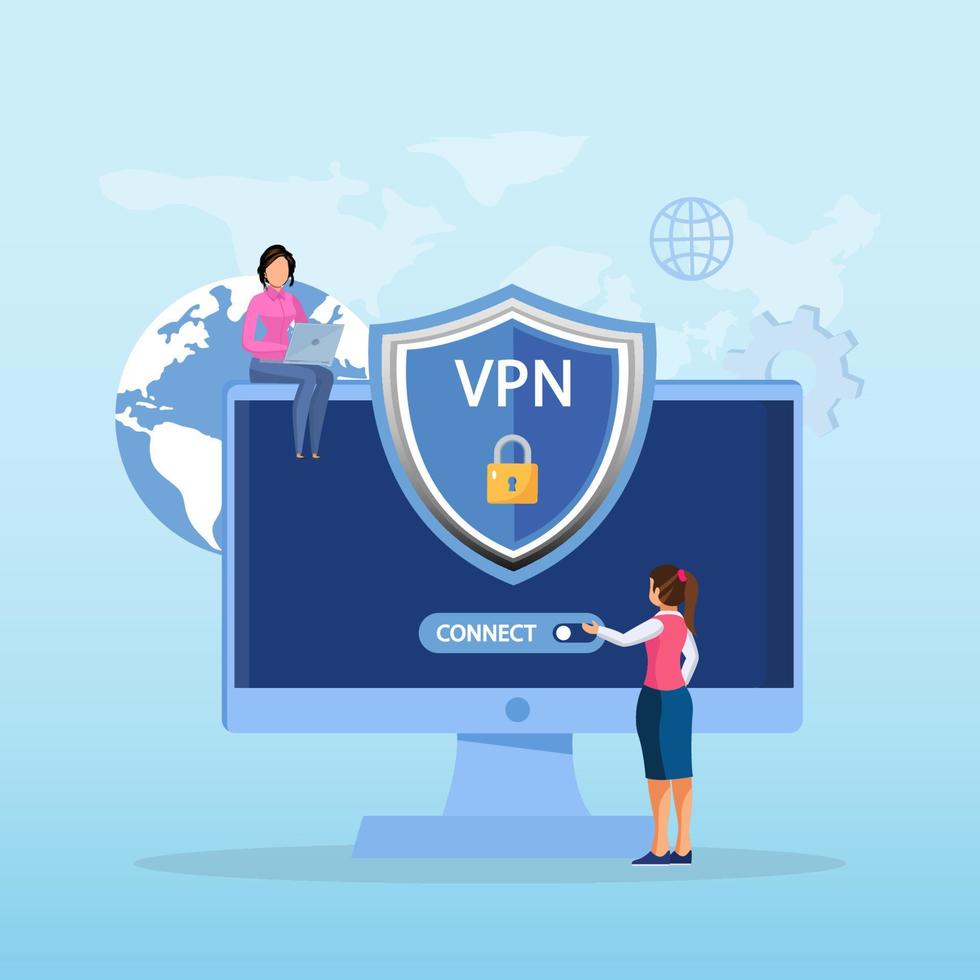 sistema de tecnología vpn, red privada virtual. navegador desbloquear sitio web, conexión de red segura y protección de la privacidad. vector