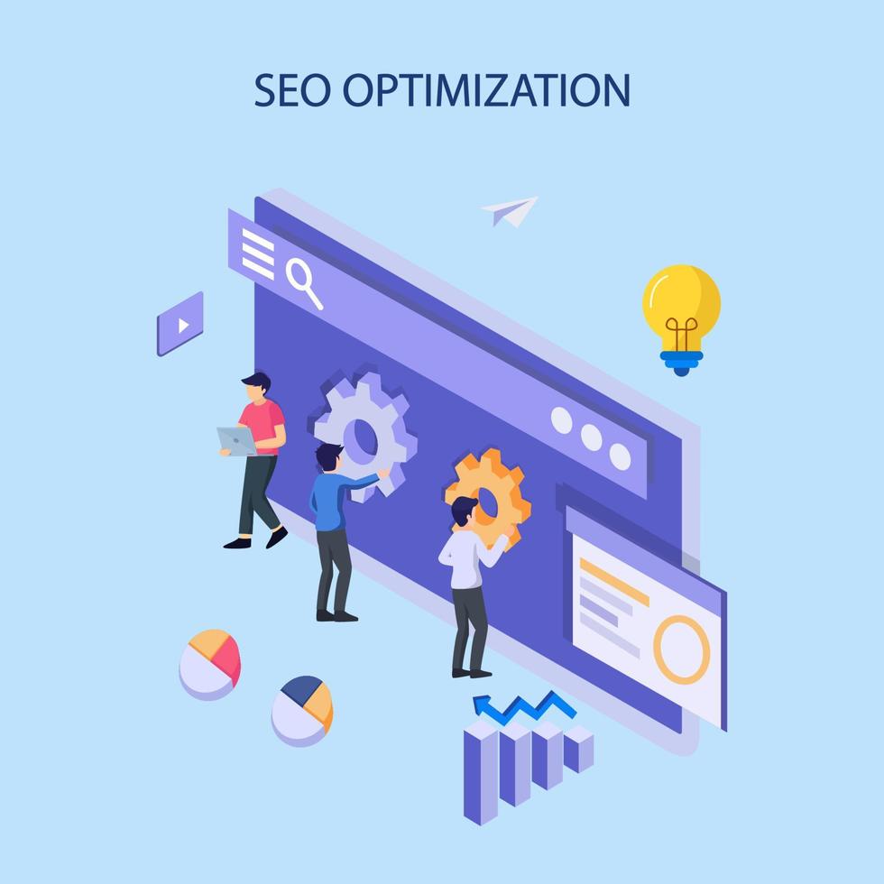 concepto seo, optimización de motores de búsqueda con personas del equipo de oficina que trabajan juntas aumentan la calificación del sitio web - vector