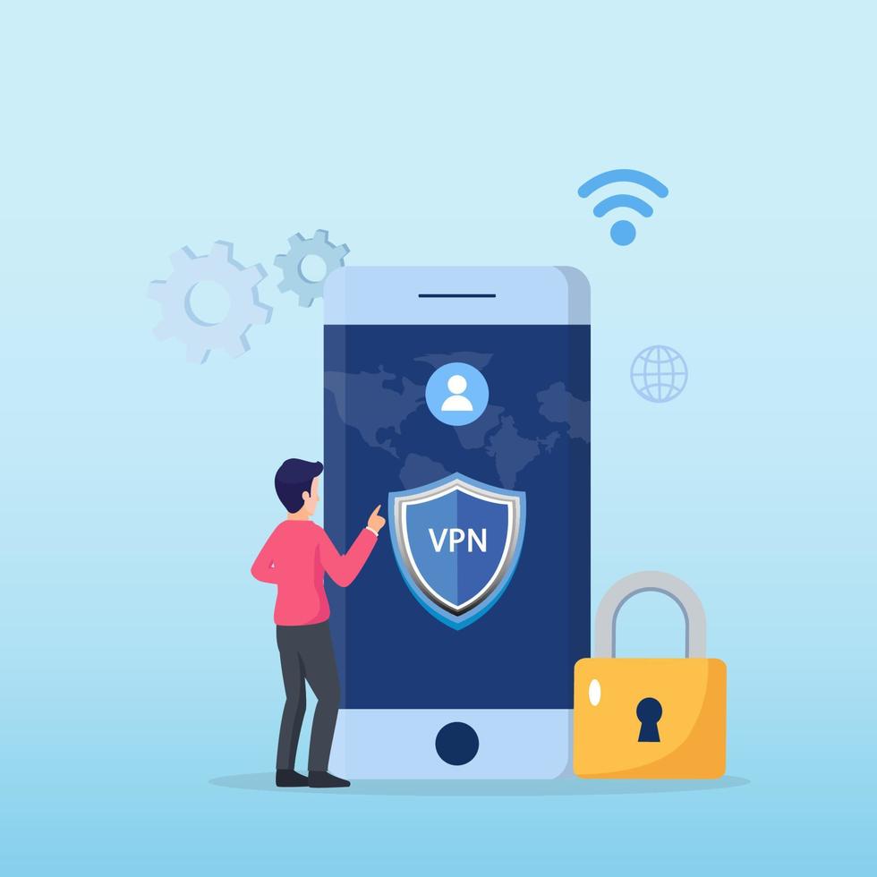 sistema de tecnología vpn, red privada virtual. navegador desbloquear sitio web, conexión de red segura y protección de la privacidad. vector