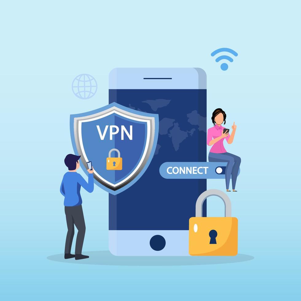 sistema de tecnología vpn, red privada virtual. navegador desbloquear sitio web, conexión de red segura y protección de la privacidad. vector