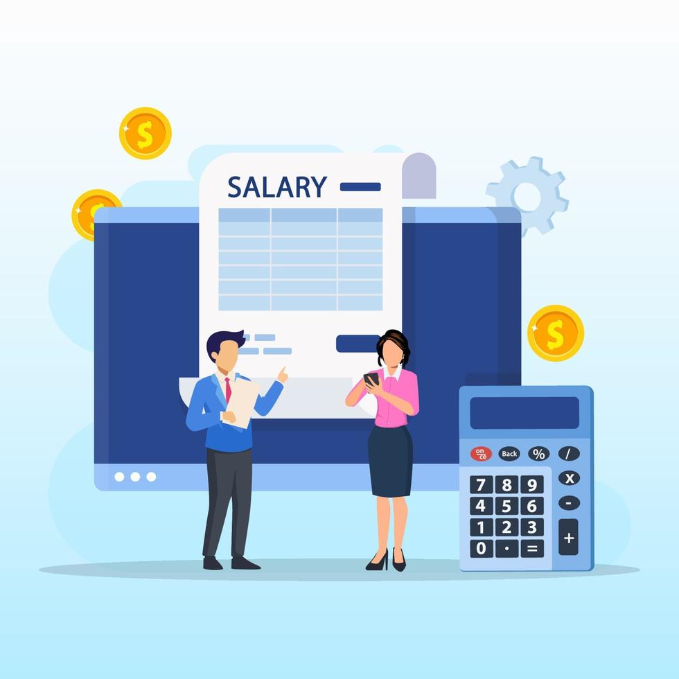 Salary vector concept. online income calculate and automatic payment, calendar pay date, employee wages concept.