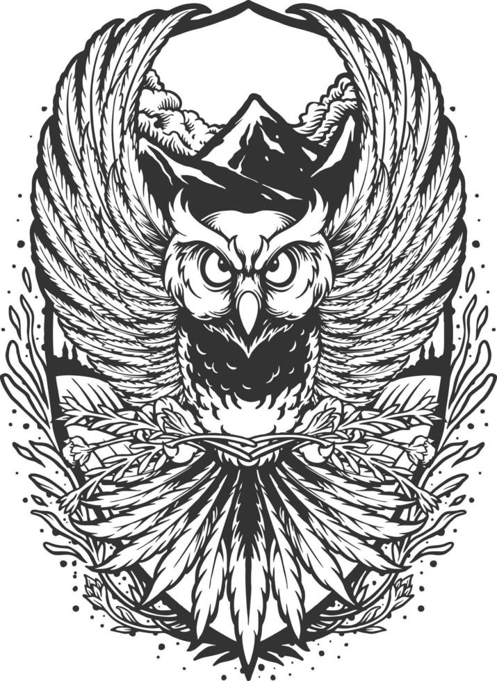 Owl flying on mountain forest monochrome vector