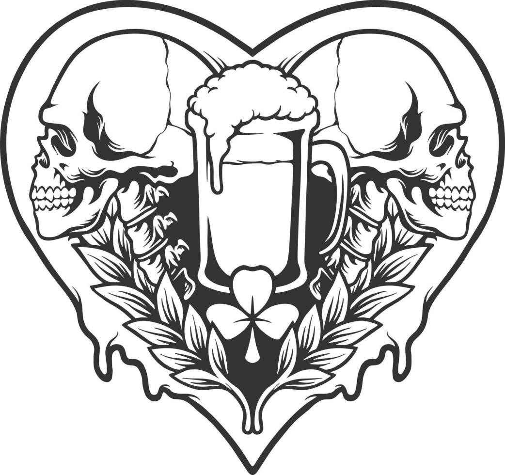 Skull heart beer with clover leaf silhouette vector