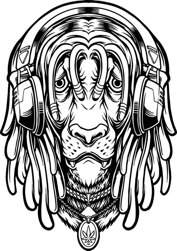 Lion listening music with smoking weed silhouette vector