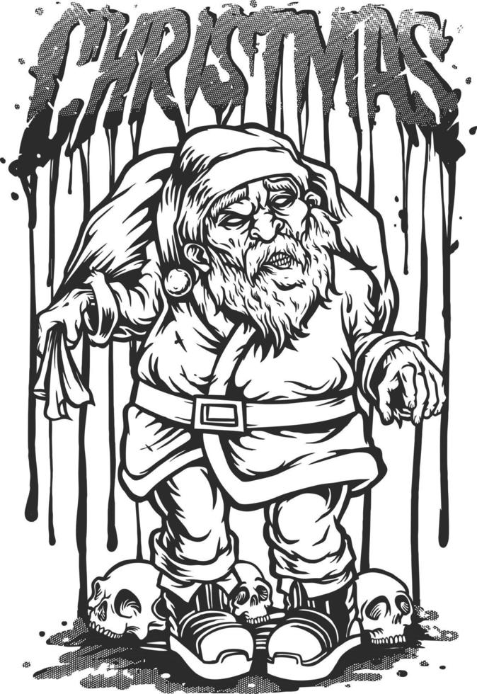 Zombie santa claus with skull head monochrome vector