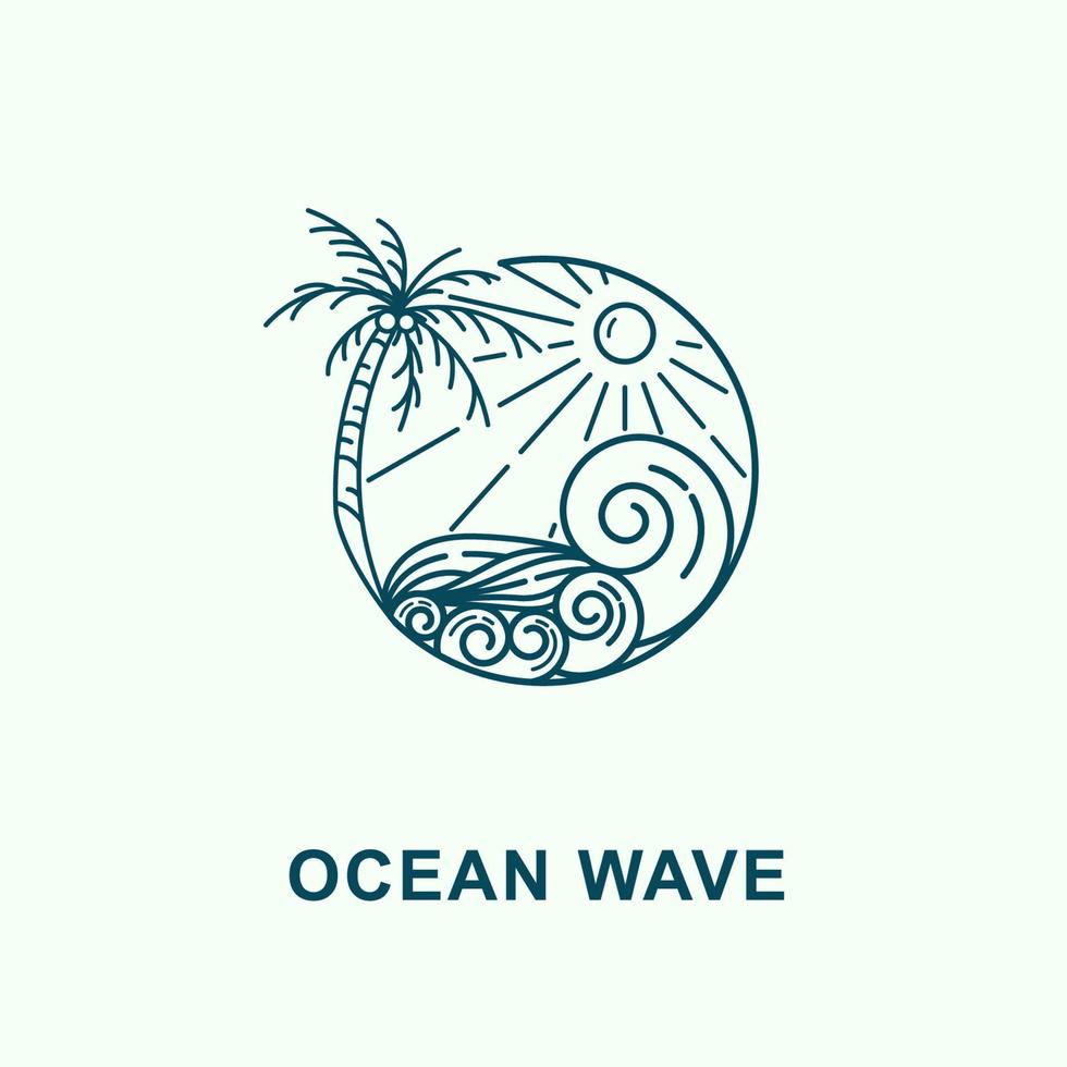 ocean waves, coconut trees and sun shining monoline design beach badge vector