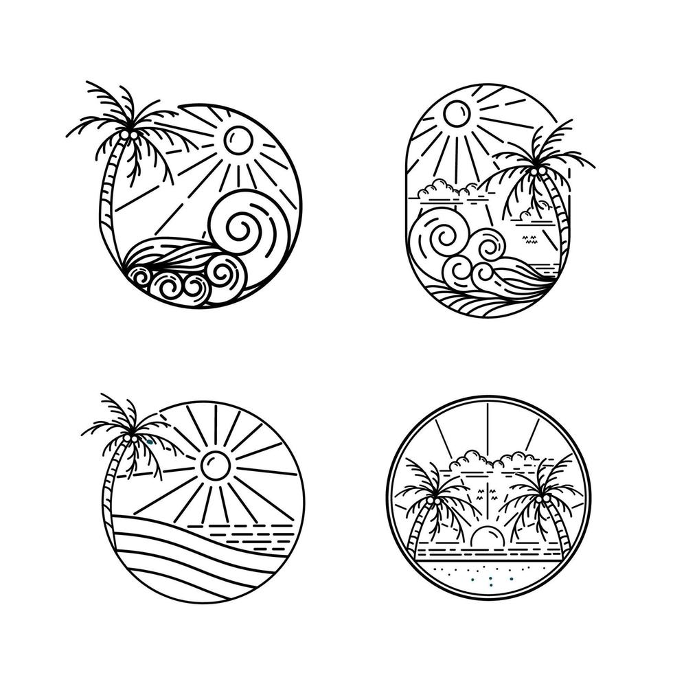 set ocean waves, coconut trees and sun shining monoline design beach badge vector