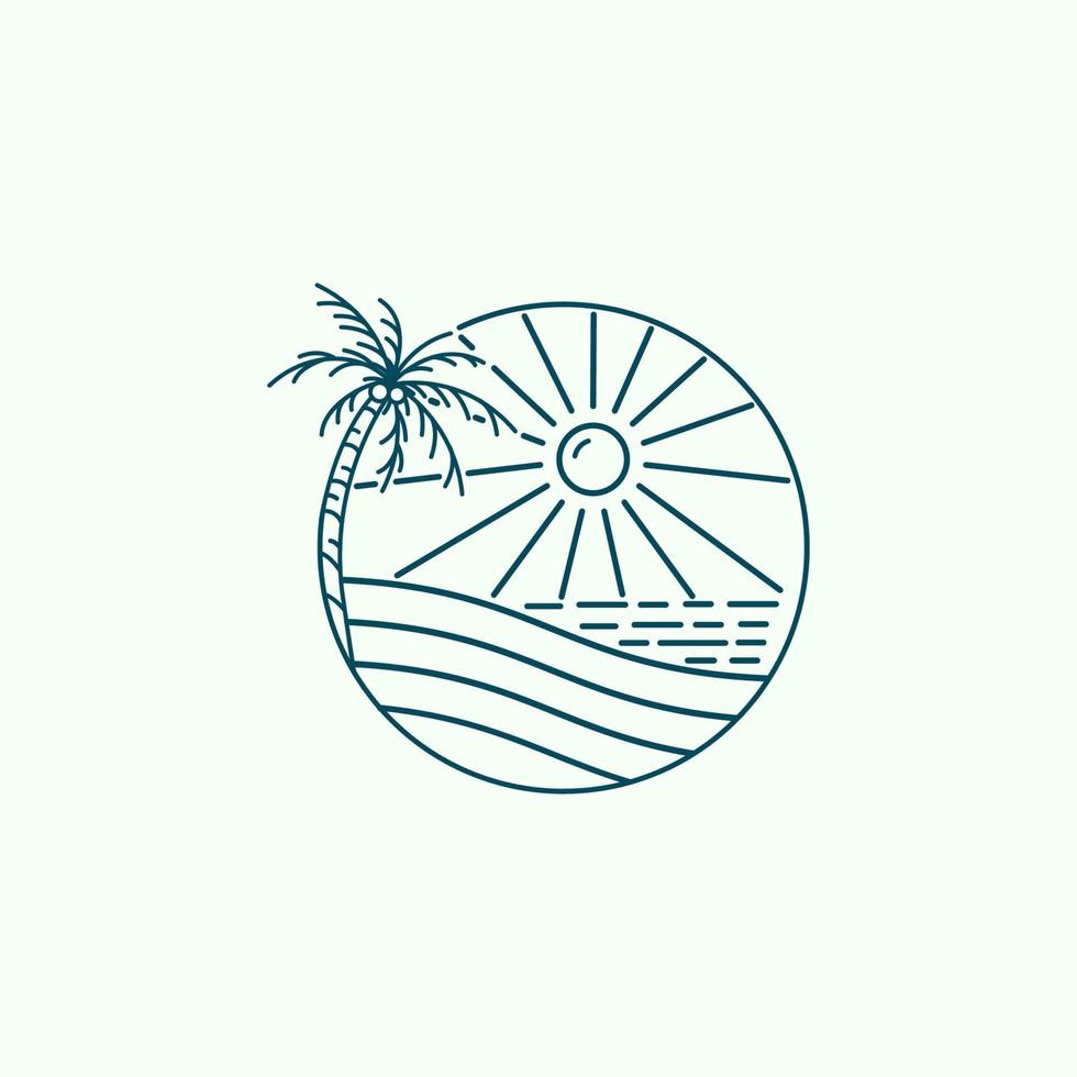 ocean waves, coconut trees and sun shining monoline design beach badge vector