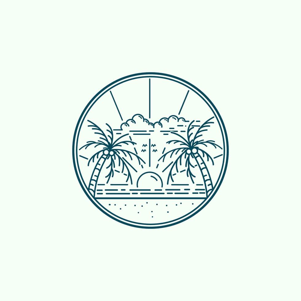 ocean waves, coconut trees and sun shining monoline design beach badge vector