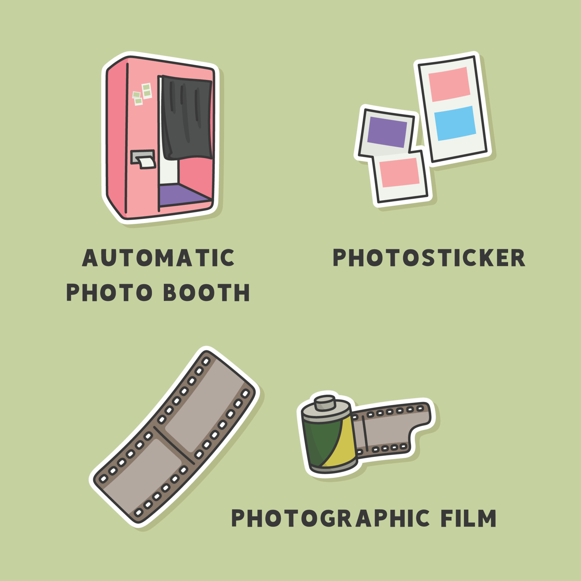 automatic photo booth and film kawaii doodle sticker flat cartoon