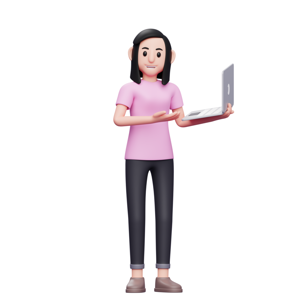 Women showing a laptop 3d render character illustration png