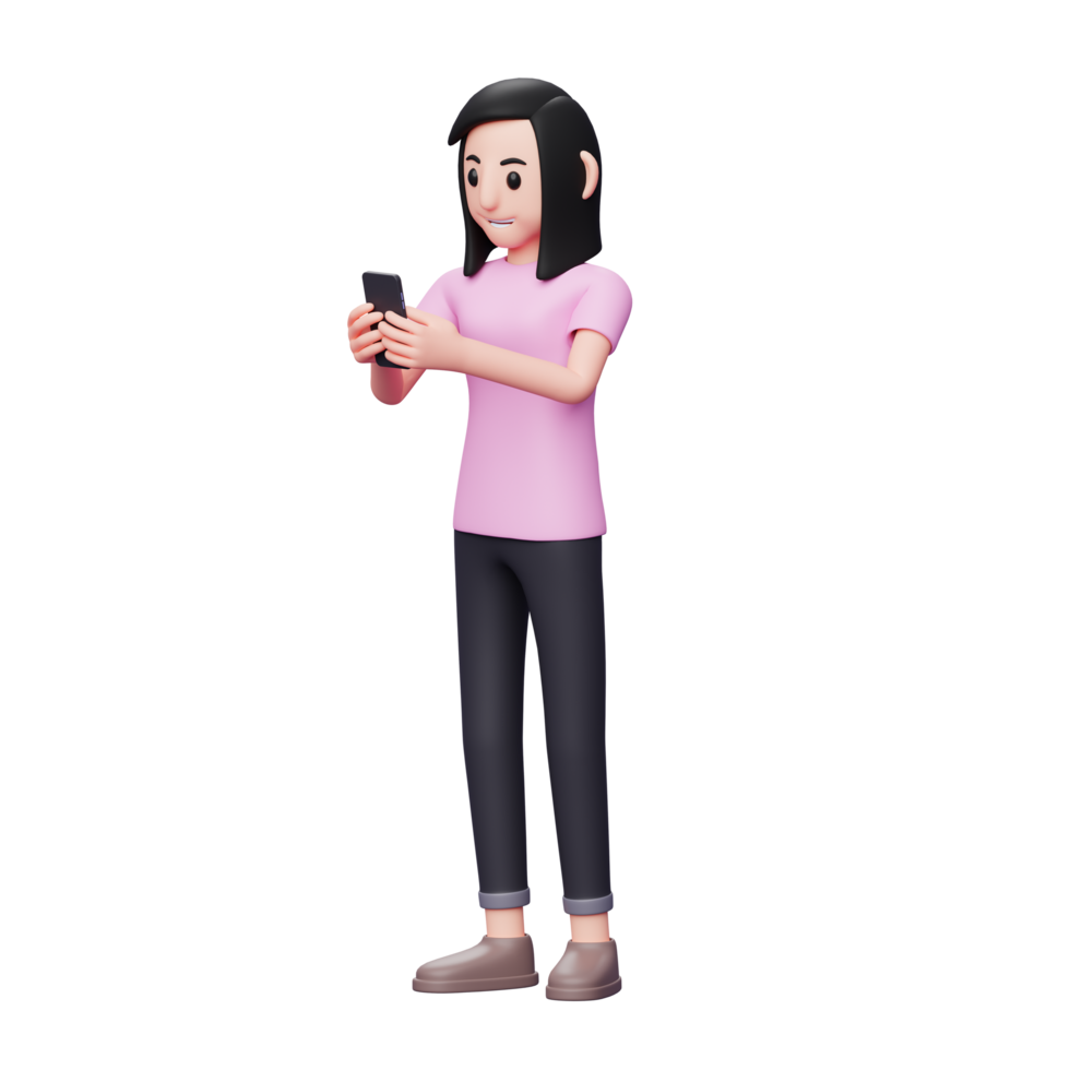 chica escribiendo un mensaje en el teléfono inteligente. dulce chica usando teléfono, ilustración de personajes 3d png