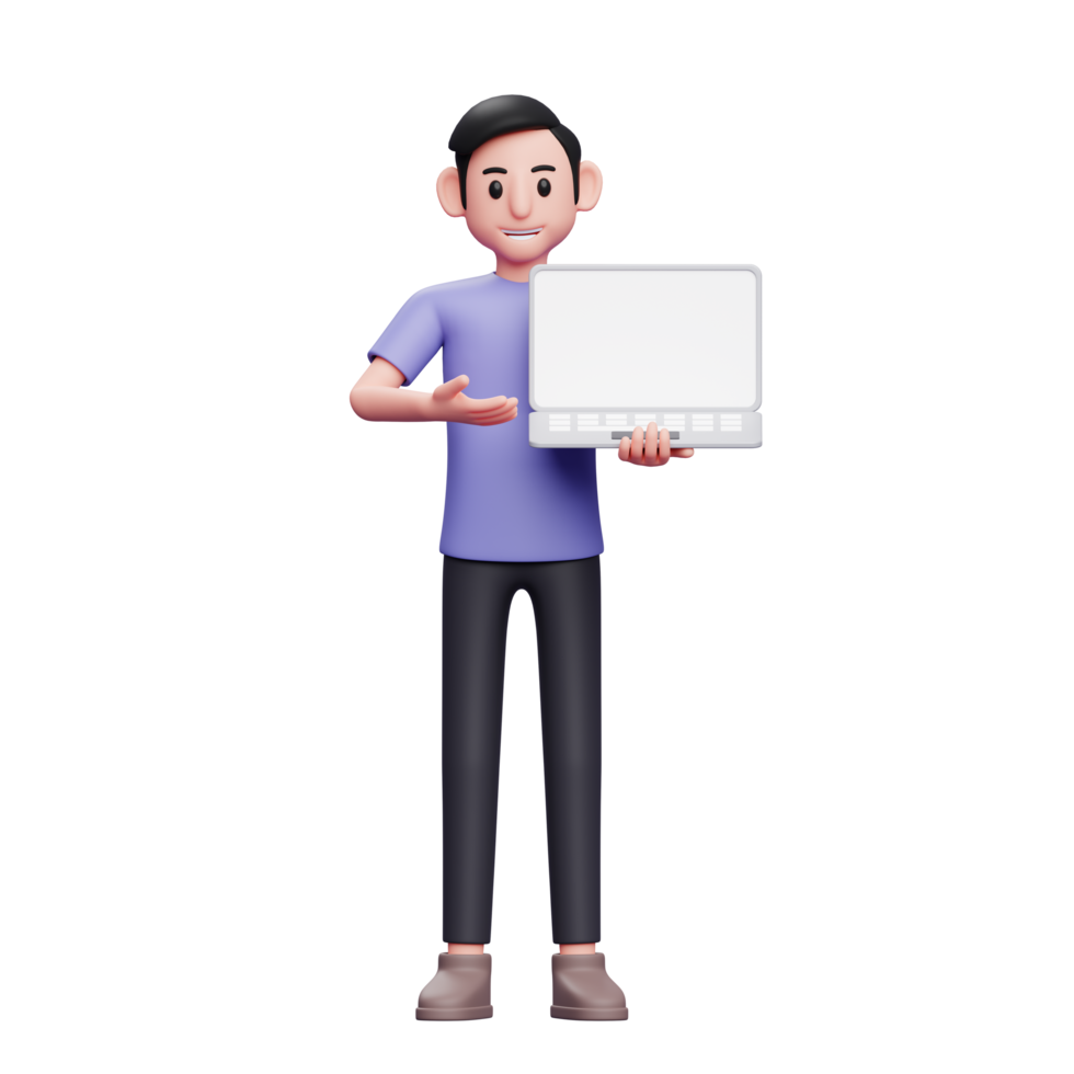 boy standing offering product by showing laptop screen 3d render character illustration png