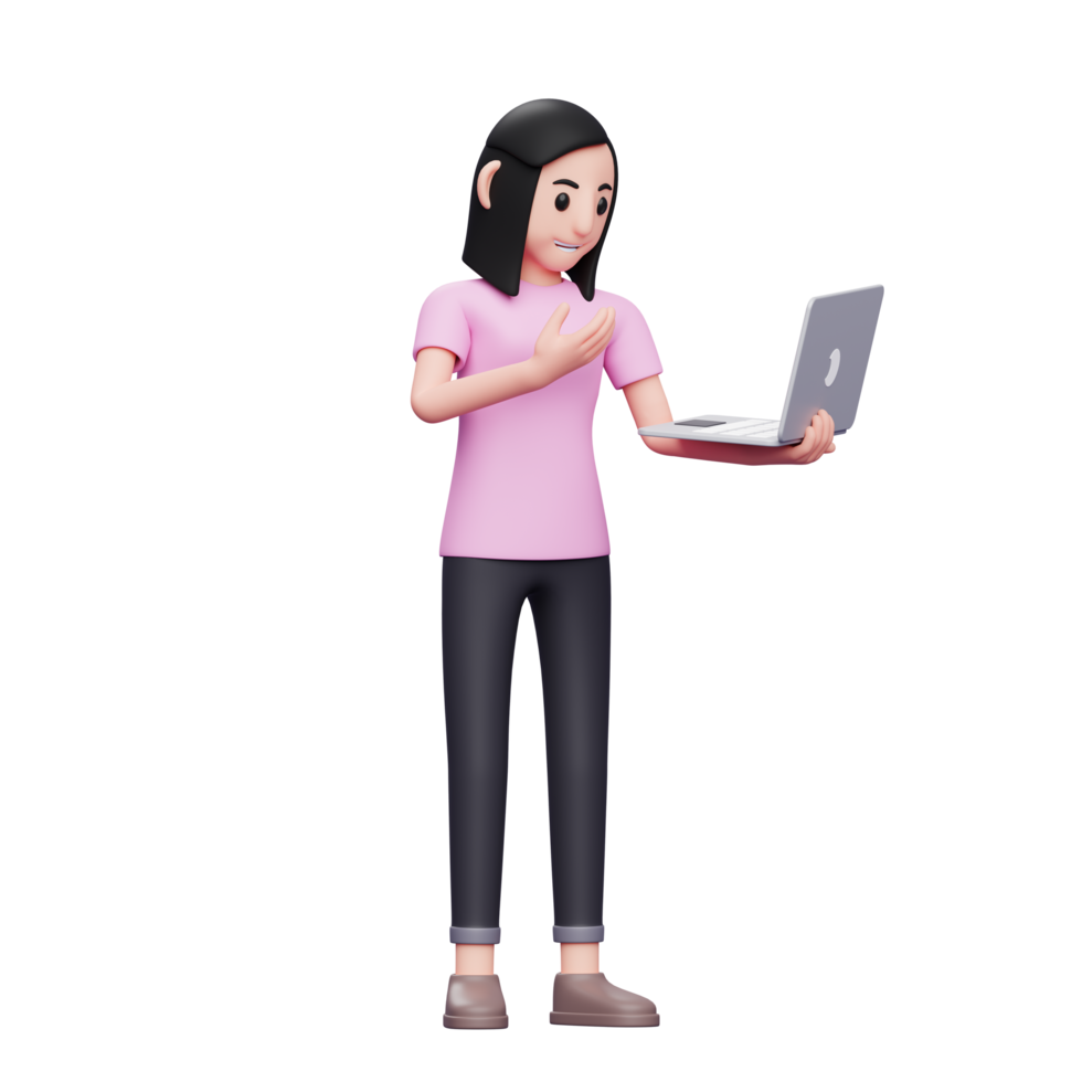 Girl making video call with laptop front camera 3d render character illustration png