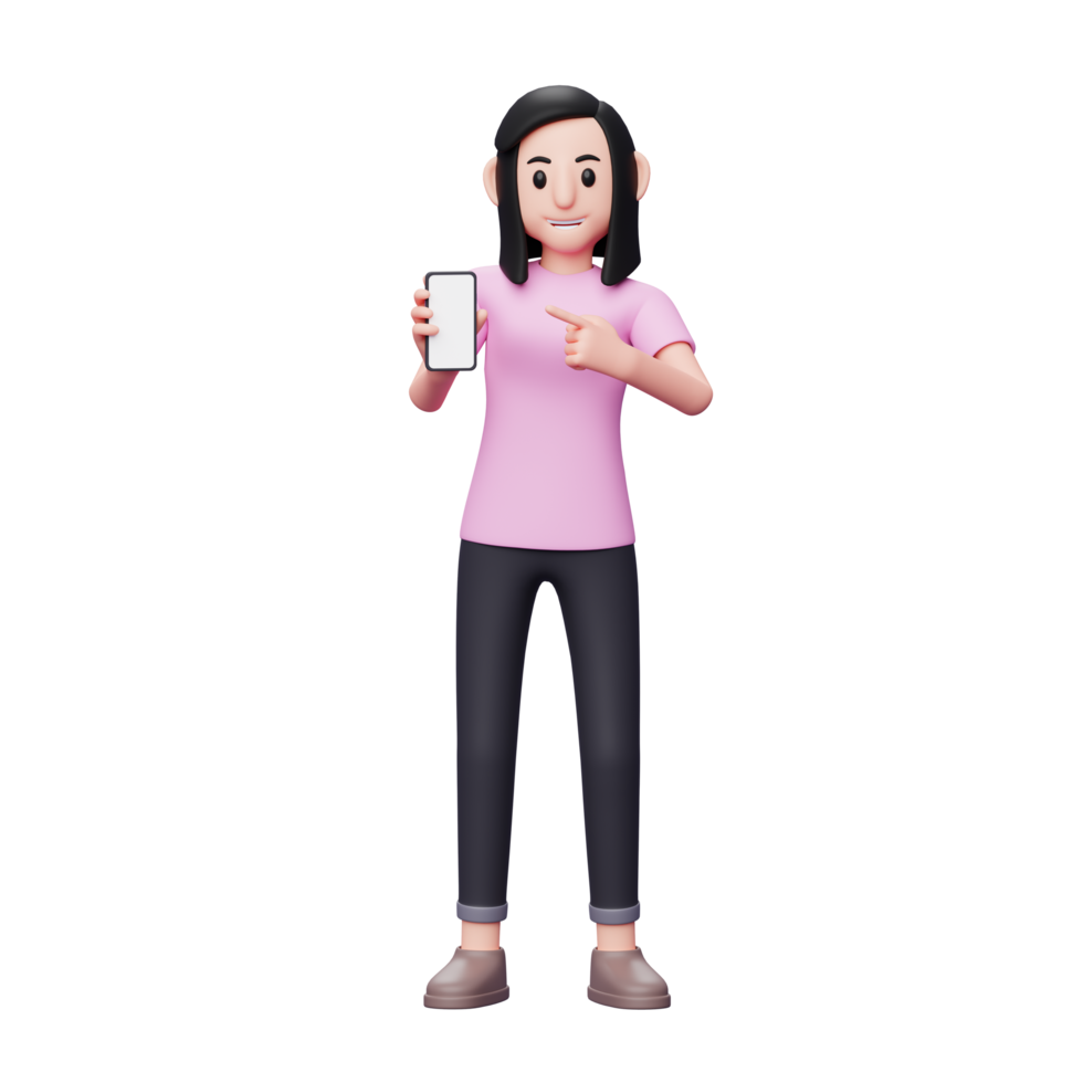 mujer apuntando a la pantalla del teléfono 3d render ilustración de personaje png