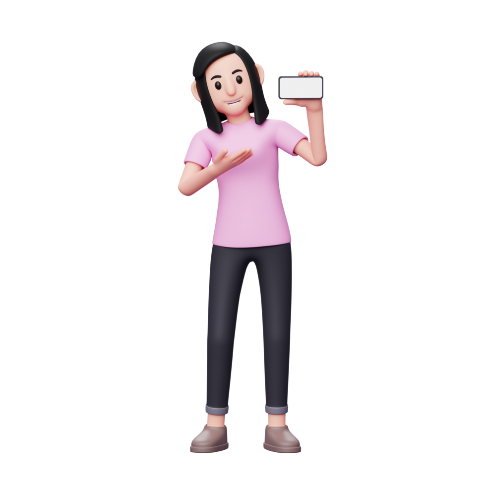 femme introduire quelque chose avec un écran de téléphone paysage, illustration de personnage de rendu 3d png