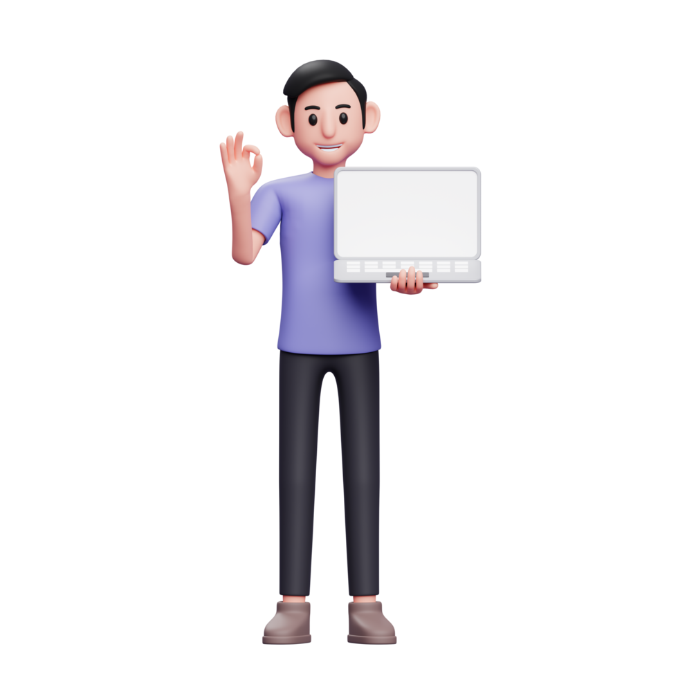 man standing holding laptop while giving ok sign with hand 3d render character illustration png