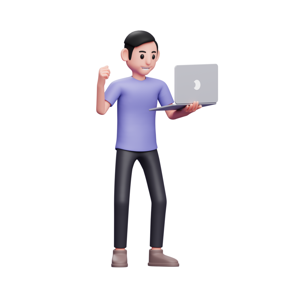 boy standing holding laptop and celebrating victory while looking at laptop screen 3d render character illustration png