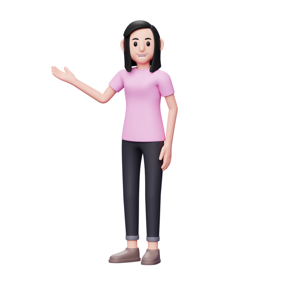 Mulher casual de ilustração de personagem 3d mostrando a mão para copiar o espaço com as mãos direitas ou gesto de boas-vindas png