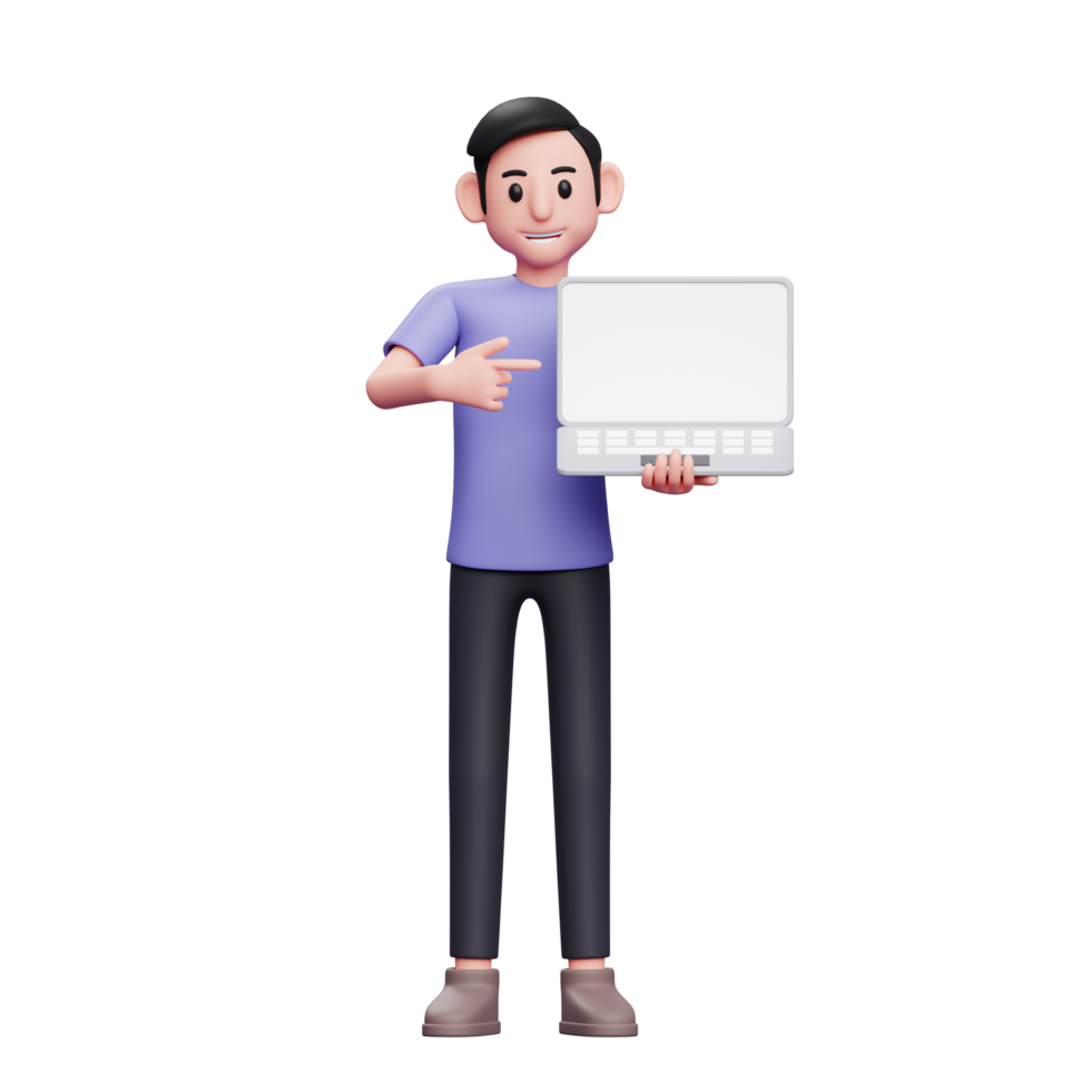 casual man standing holding laptop and pointing at laptop screen 3d render character illustration png