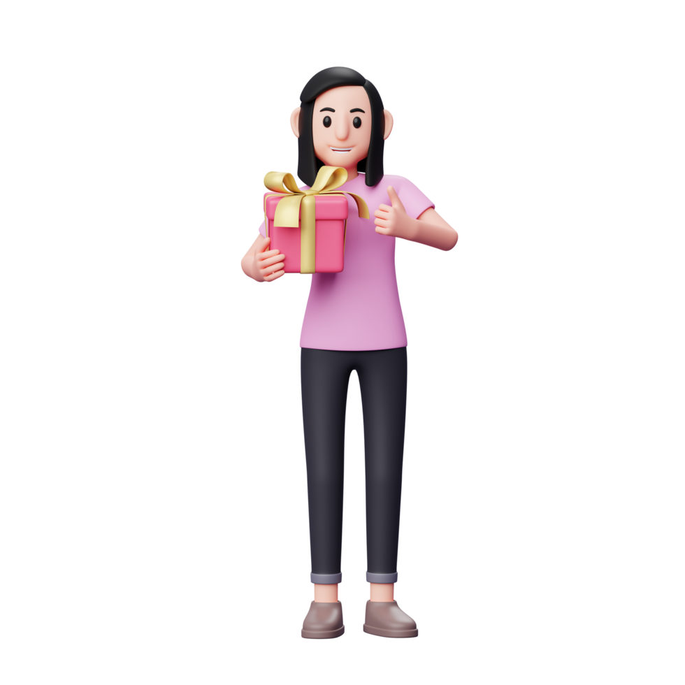 Girl hugging valentine gift and giving thumbs up, 3d character illustration valentine's day concept png