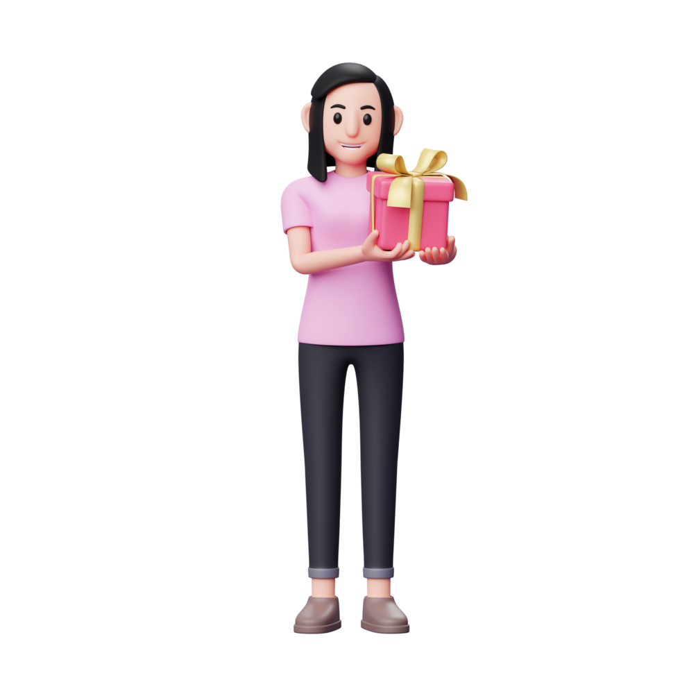 Girl brings valentine gift and offers it, 3d Character illustration valentine's day celebration png