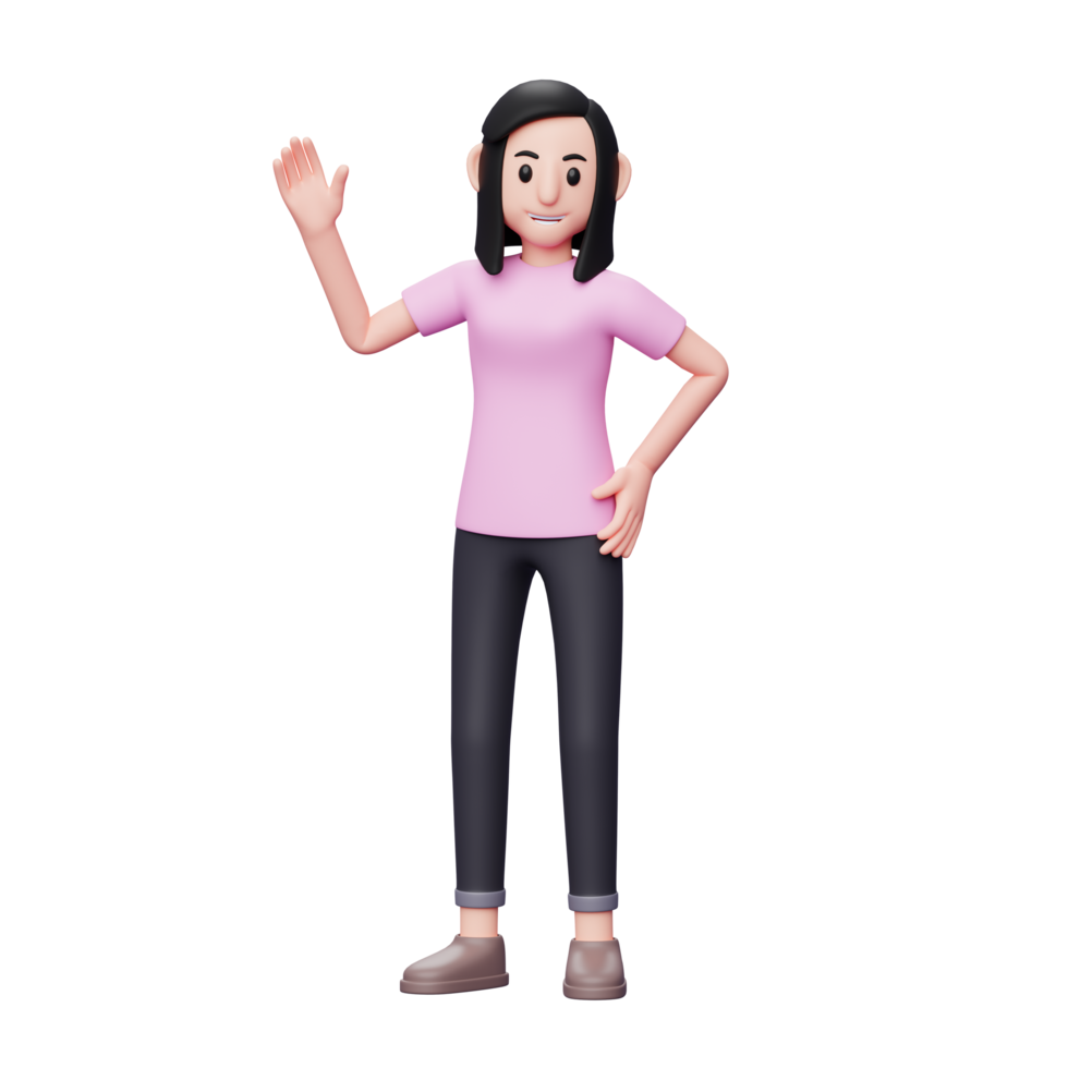 3D character illustration of woman waving hand and left hand on waist. Girl saying hello, say hi png