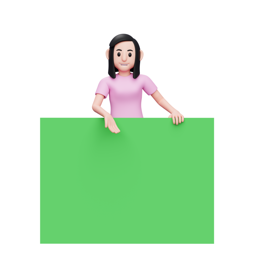 mulher de pé atrás do grande banner verde e mostrando algo com a mão direita, ilustração de personagem 3d mulher casual png