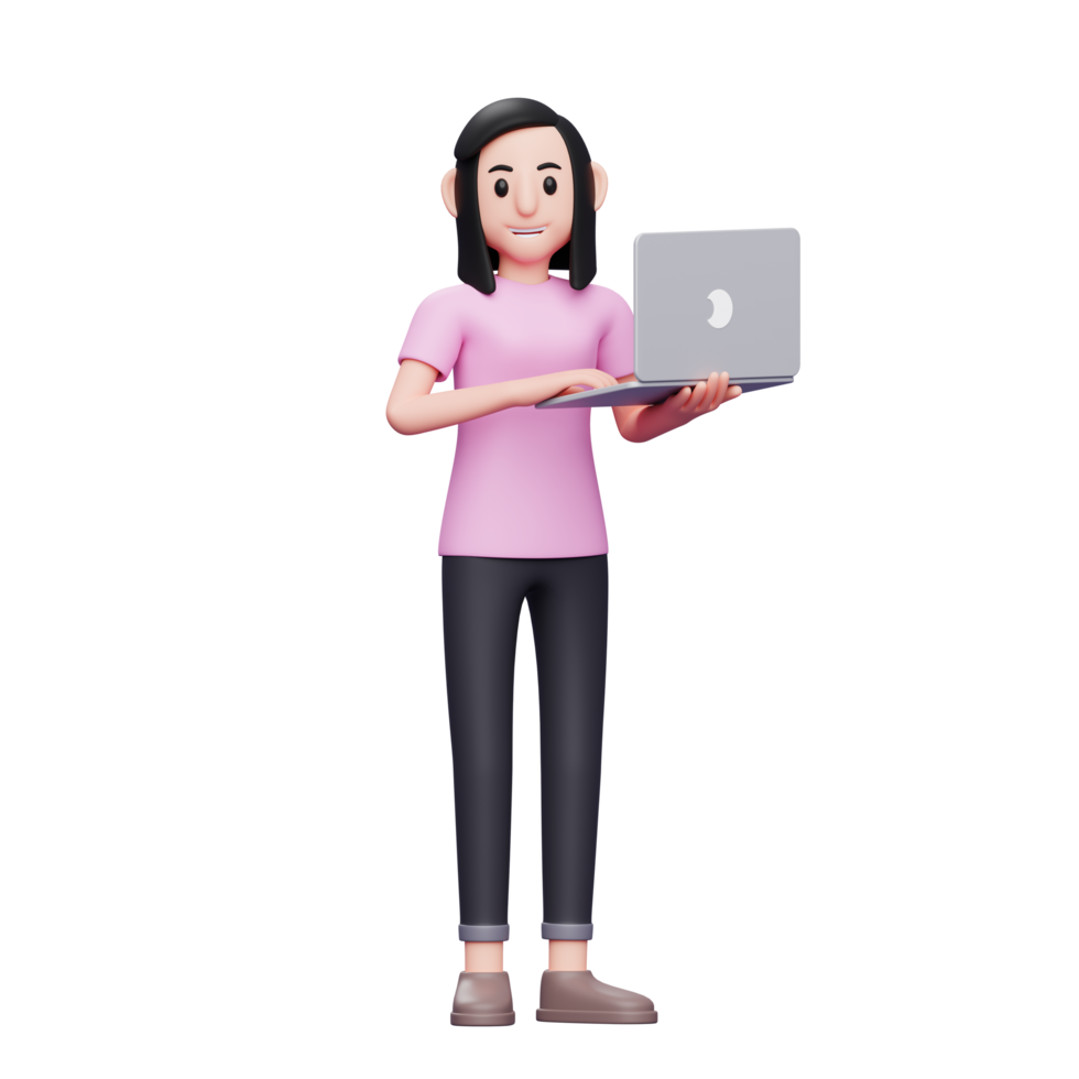 Girl Typing On Laptop While Standing And Looking At Camera 3d Render Character Illustration