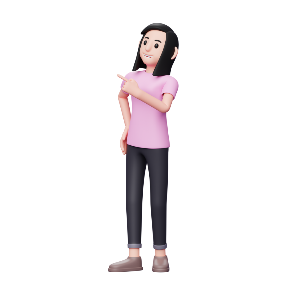 chica señalando elección, pose de elección correcta. ilustración de personaje de procesamiento 3d png