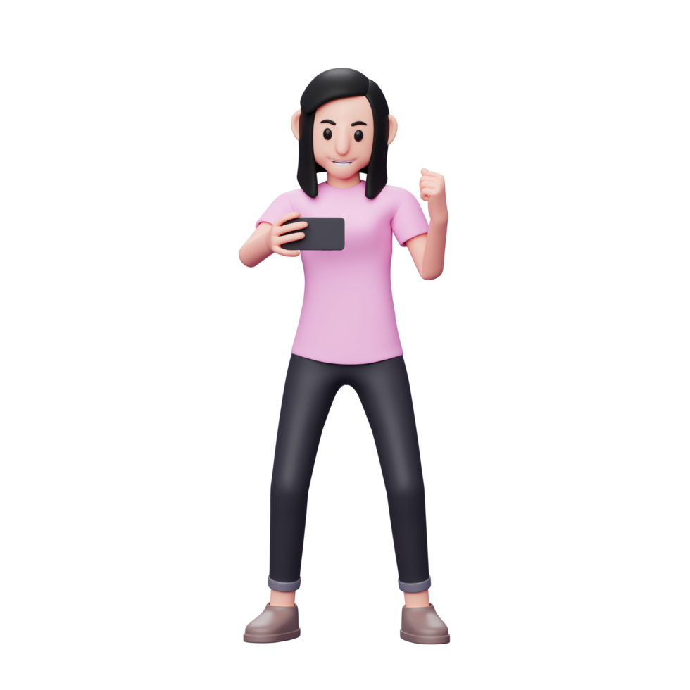 Girl looking at the phone screen while shouting happy celebrating victory, 3d character illustration png