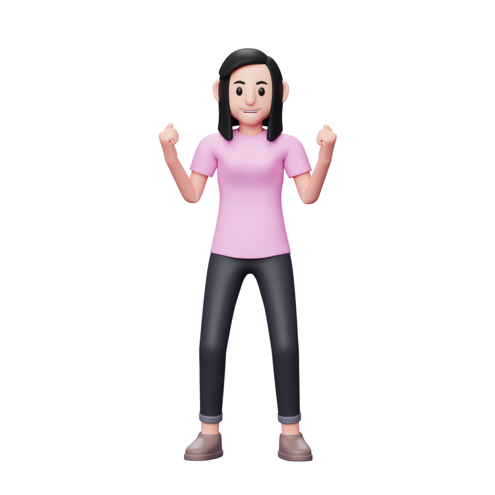 chica feliz y emocionada haciendo gesto de ganador con los brazos levantados, pose de celebración de éxito con color de moda 2022. Ilustración de personaje de mujer 3d png