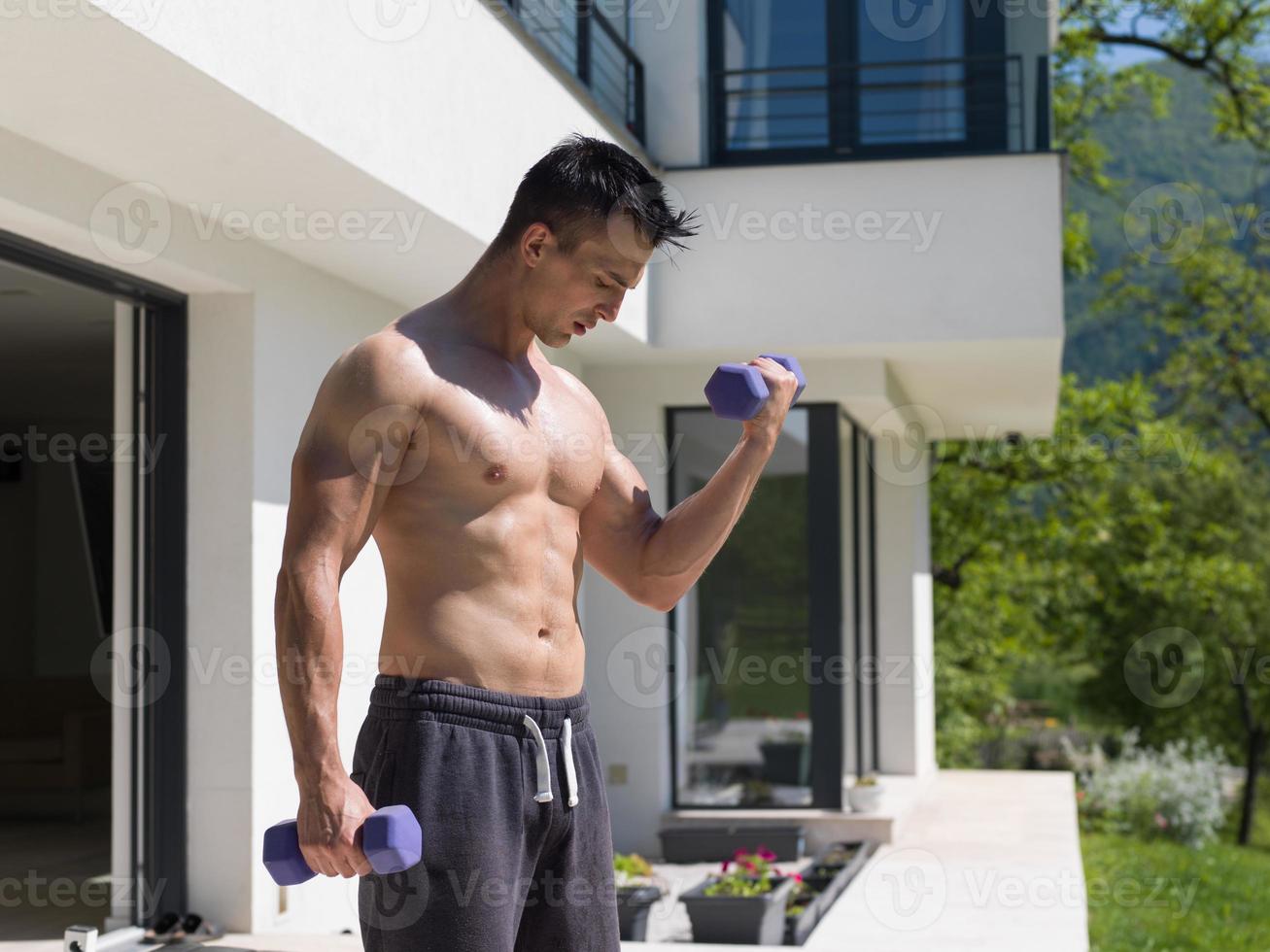 man doing morning exercises photo