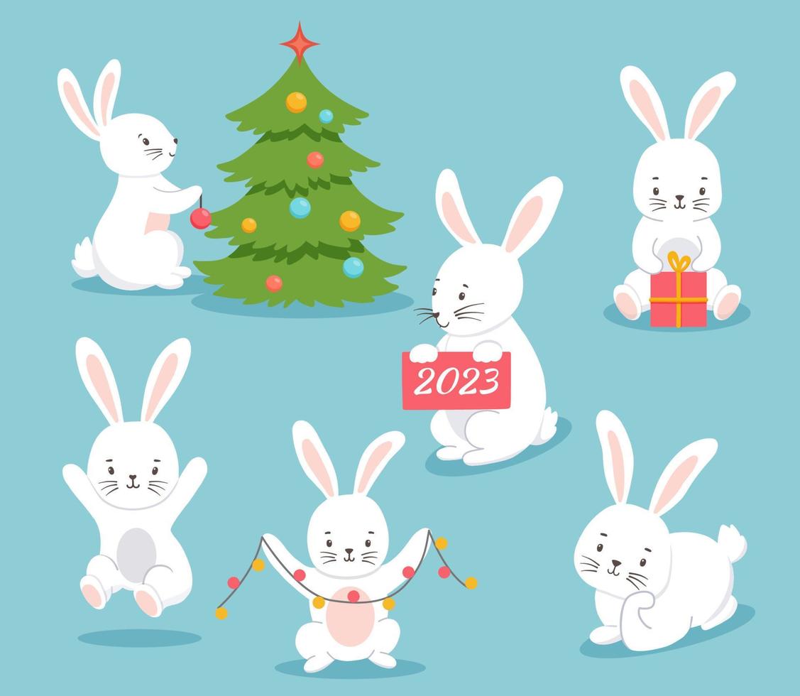 Set of cute characters. White bunny decorate Christmas tree. Vector illustration of rabbit on blue background, Symbol 2023 new year