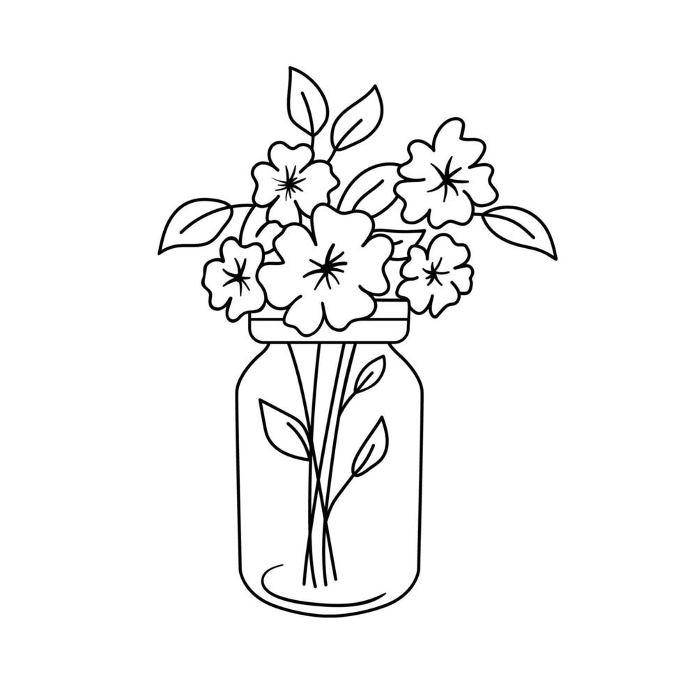 flores en tarro. flores silvestres en botella de vidrio. ilustración de contorno vectorial aislado en blanco para colorear libro vector