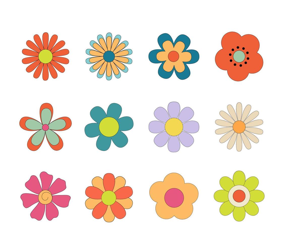 Groovy retro flowers daisy set. Hippie psychedelic stickers in 1970 style. Vector Disco flowers isolated on white